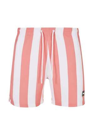 Şorturi de înot cu dungi roz și albe, cu talie elastică și șnur de ajustare. Prezintă un patch cu logo pe partea stângă jos.