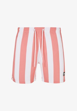 Şorturi de înot cu dungi roz și albe, cu talie elastică și șnur de ajustare. Prezintă un patch cu logo pe partea stângă jos.