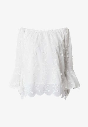 Off-shoulder witte blouse van lichtgewicht stof, voorzien van bloemachtige borduurwerk en een golvende rand, met klokmouwen.