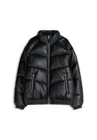 Veste doudoune noire en similicuir texturé. Dotée d'un col haut, d'une fermeture éclair à l'avant et de deux poches latérales zippées. Manches et ourlet élastiqués.