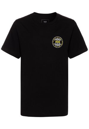 Czarny, krótki rękaw T-shirt Vans z okrągłym dekoltem i małym okrągłym żółto-białym logo na lewej piersi z napisem "Vans Off The Wall".