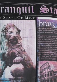 Bronzestatyn av ett lejon med detaljerad man, vila med en tass på en sfär, mot en bakgrund av texturerade pelare. Blandteknik grafisk design.