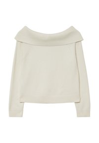 Crème off-shoulder trui met geribbelde kraag en manchetten, met een relaxte pasvorm en zachte gebreide textuur.