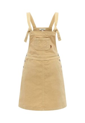 Robe salopette en coton beige avec poche poitrine avant, bretelles ajustables à nouer, boutons latéraux et ourlet à hauteur des genoux.