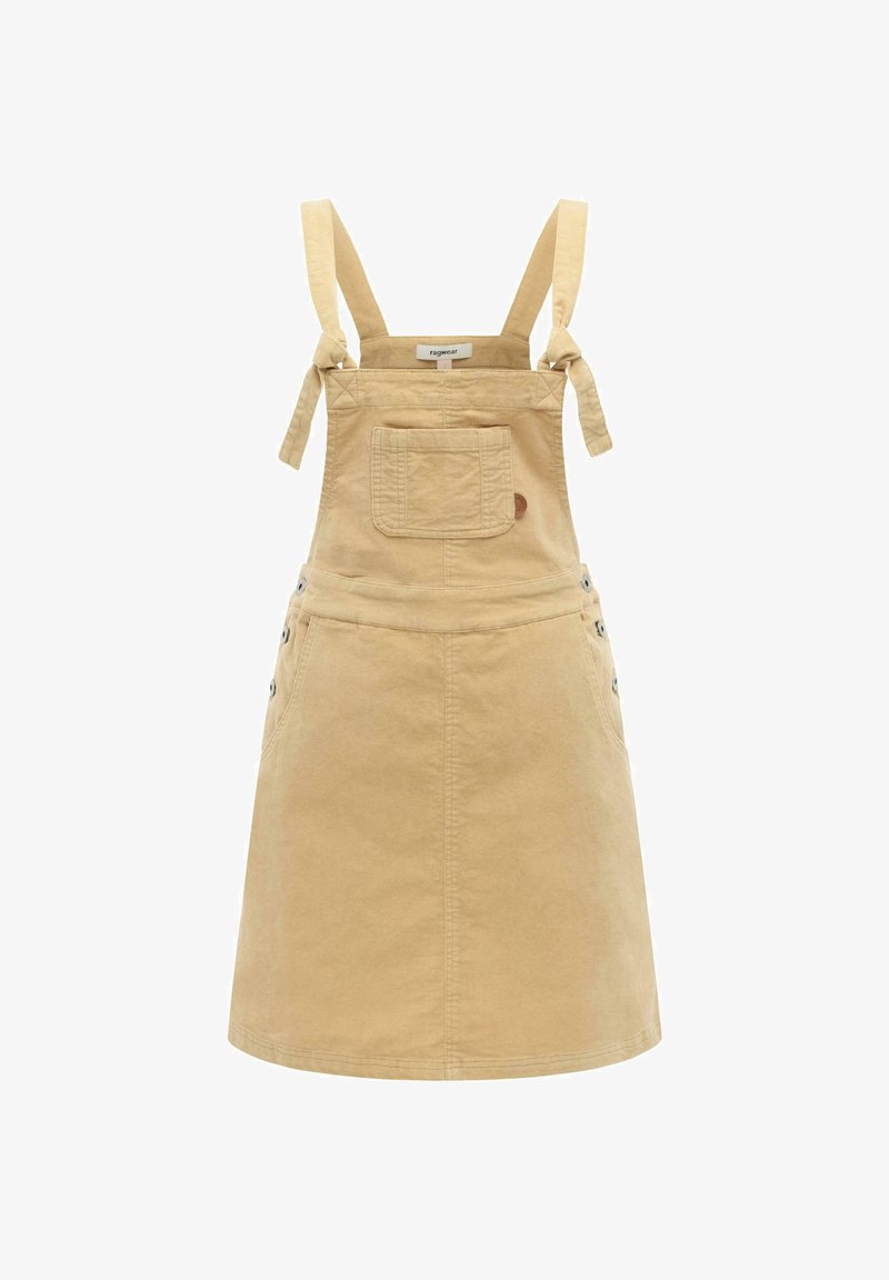 Robe salopette en coton beige avec poche poitrine avant, bretelles ajustables à nouer, boutons latéraux et ourlet à hauteur des genoux.