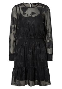 Svart klänning med långa ärmar, genomskinligt tyg, blommönster, elastisk midja och volangkant. Nyckelhål bakstängning.