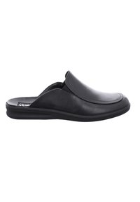 Chaussure noire en cuir à enfiler avec un bout arrondi, texture lisse, avant légèrement surélevé et semelle flexible pour un confort et une facilité d'enfilage.