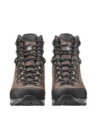 Braune Wanderschuhe mit schwarzem Gummi-Rand, Metallösen und Schnürverschluss. Mit strukturiertem Leder-Obermaterial und strapazierfähiger, profilierten Sohle.