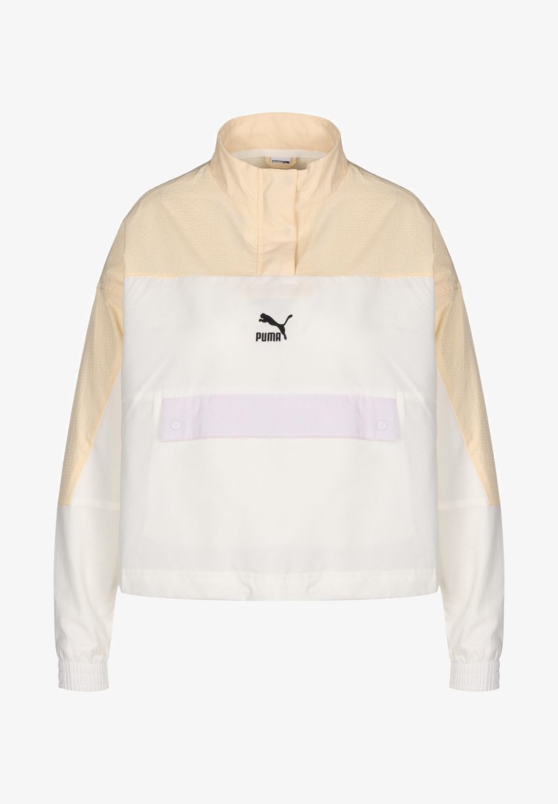 Puma kevyt hupullinen takki vaaleassa kerma- ja vaaleanbeigeissä sävyissä, jossa on korkea kaulus, joustavat hihat ja etutasku napsulipulla.