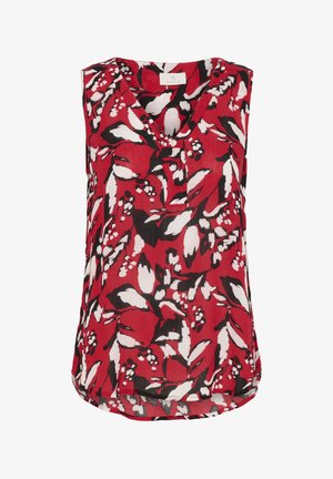 Rdeča brezrokavnik s cvetličnim vzorcem v črni in beli barvi, z V-izrezom in rahlo ukrivljenim robom za sproščen fit.