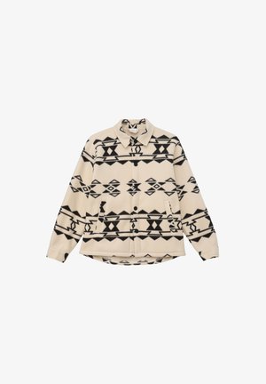Beige Fleece-Hemdjacke mit schwarzen geometrischen Mustern, Kragen, Knopfront und zwei Fronttaschen. Lange Ärmel mit Knopfmanschetten.