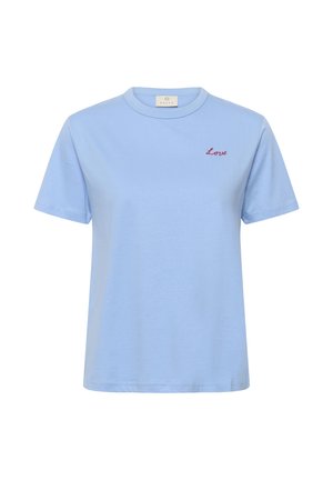T-shirt en coton bleu clair avec un col rond et des manches courtes. Présente un texte brodé rouge "Love" sur la partie gauche de la poitrine.