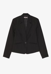 Schwarzer Blazer aus strukturiertem Stoff mit einem einzelnen Knopfverschluss, Reverskragen und zwei Vordertaschen mit subtiler Stickerei.