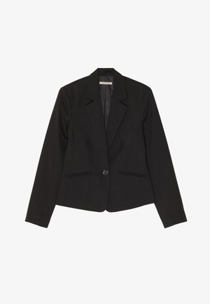 Čierny blazer vyrobený z pevného textilu, ktorý má jediné zapínanie na gombík, reverzné klopy a dve predné vrecká s jemným prešívaním.