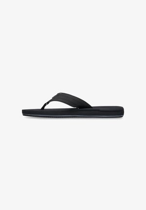 Black flip-flops with a flat sole, featuring a textured strap for foot security. The grip sole has a subtle pattern for traction.