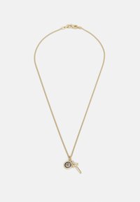 Gouden ketting met een fijne schakel. Bevat een ronde hanger met logo-detail en een kleine hanger met een accent. Beide zijn zorgvuldig vervaardigd.