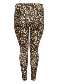 Leggingi s uzorkom leopard, sa bežnom podlogom i smešanim smešcima u smešnim i crnim tonovima, izrađeni od rastezljivog materijala, sa glatkom teksturom i uskim krojem.