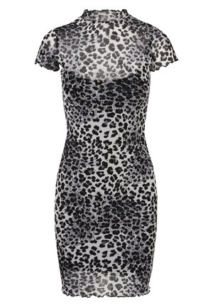 Leopard print dress in sheer black and white fabric. Short sleeves, high neck, slim fit, and a textured finish. Detailed hemline.