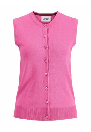 Růžový pletený kardigan bez rukávů s kulatým výstřihem a zapínáním na knoflíky vpředu, žebrovaným lemem a švy na ramenou.