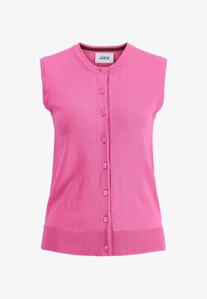 Lyserød ærmeløs strikket cardigan med rund hals og knaplukning foran, ribbet kant og skuldersømme.
