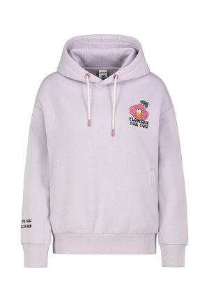 Lavender hoodie with a front pocket, drawstring hood, and floral "Flowers for You" graphic. Text embroidered on the sleeve. Soft fabric.