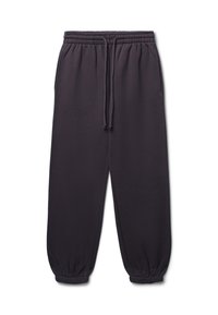 Pantalons de survêtement violets foncés avec une taille élastique, cordon de serrage ajustable et poignets élastiques aux chevilles. Texture de tissu lisse.