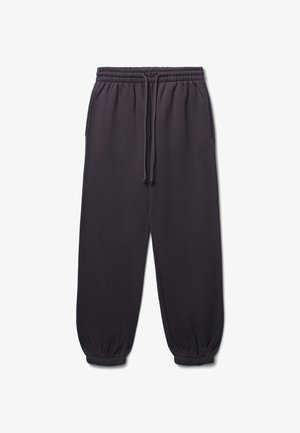 Pantaloni della tuta viola scuro con vita elastica, cordoncino regolabile e polsini elastici alle caviglie. Tessuto morbido al tatto.