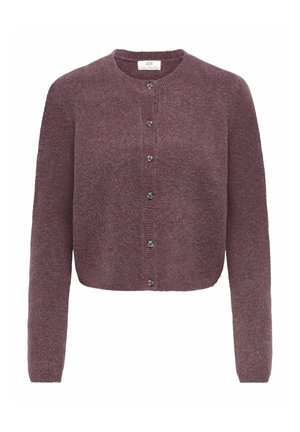 Cardigan court boutonné pour femme en tissu tricoté violet doux avec manches longues et encolure ronde.
