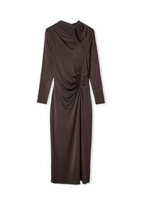 Braunes, langärmliges Kleid mit seitlichem Raffung, asymmetrischem Ausschnitt und weichem Stoff. Knielanges Design mit glatter Textur.