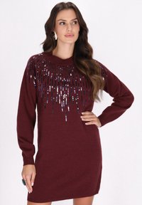 Bordeauxfarbenes Strickkleid mit langen Ärmeln, das ein mit Perlen besetztes Paillettenmuster über der Brust aufweist. Weicher Strickstoff, lockere Passform.
