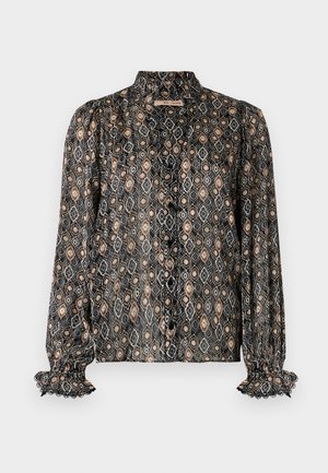 Pamučna crna bluzica s uzorkom dijamantskih oblika u bež, sivoj i crnoj boji. Ima visoki ovratnik, zatvaranje na dugmad i nabrane manžete.