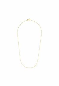 Collana in metallo color oro con una delicata catena, anelli circolari e un gancio per la chiusura. Texture liscia e forma uniforme.