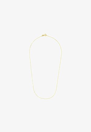 Naszyjnik z metalowym wykończeniem w kolorze złotym, z delikatnym łańcuszkiem, okrągłymi ogniwami i zapięciem typu karabińczyk. Gładka faktura i jednolity kształt.