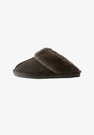 Dark brown slip-on slipper with plush, furry cuff and flat sole, designed for indoor comfort and warmth.