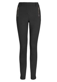 Pantalon slim noir en matière extensible, avec deux poches zippées aux accents dorés et une texture lisse et élégante.