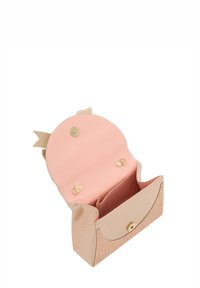 Small pink pouch with a textured front, rounded flap, gold hardware, and a lined interior featuring two compartments and a button closure.