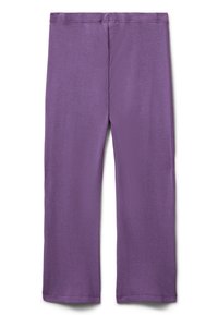 Paarse rechte broek gemaakt van zachte stof met een elastische tailleband, plat weergegeven op een witte achtergrond.