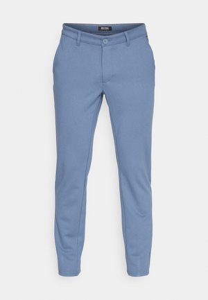 Light blue, slim-fit pants made of soft fabric with a smooth texture. Features a front button, pockets, and stitched detailing.