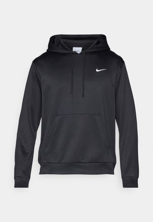 Μαύρη φούτερ φτιαγμένη από λείο ύφασμα, με μπροστινή τσέπη, κουκούλα με κορδόνι και λευκό λογότυπο στο στήθος. Κλασική εφαρμογή με ριμπ μανσέτες.