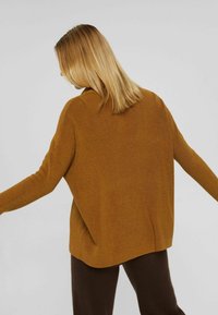 Pull en tricot couleur moutarde avec une coupe décontractée, épaules tombantes et une texture côtelée simple, vu de dos avec des manches longues.
