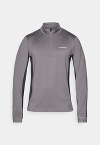 Pullover grigio a maniche lunghe con mezzo zip, tessuto testurizzato, pannelli laterali neri a contrasto e piccolo logo sul petto.