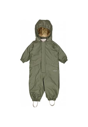 Traje impermeable para bebé con capucha verde, puños elásticos, forro acolchado, solapa frontal y correas para los pies.