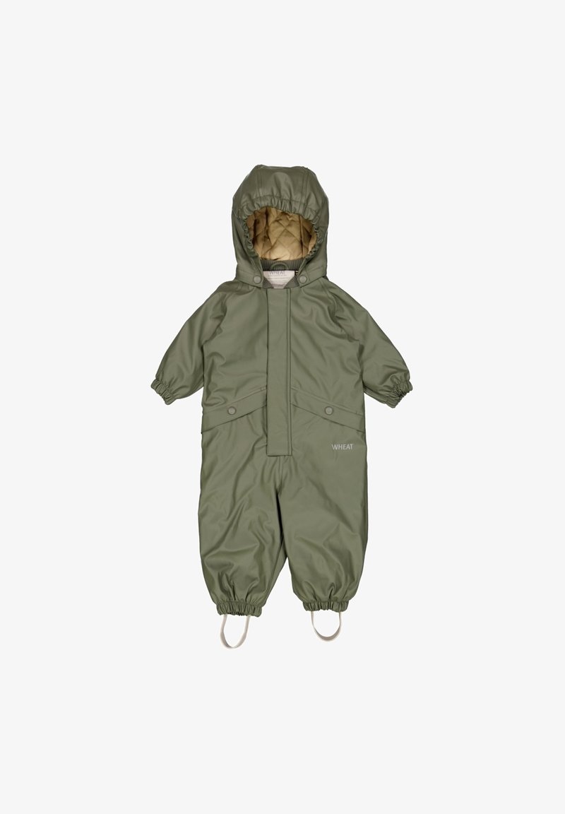 Combinaison imperméable pour bébé avec capuchon vert, poignets élastiques, doublure matelassée, rabat frontal et sangles aux pieds.