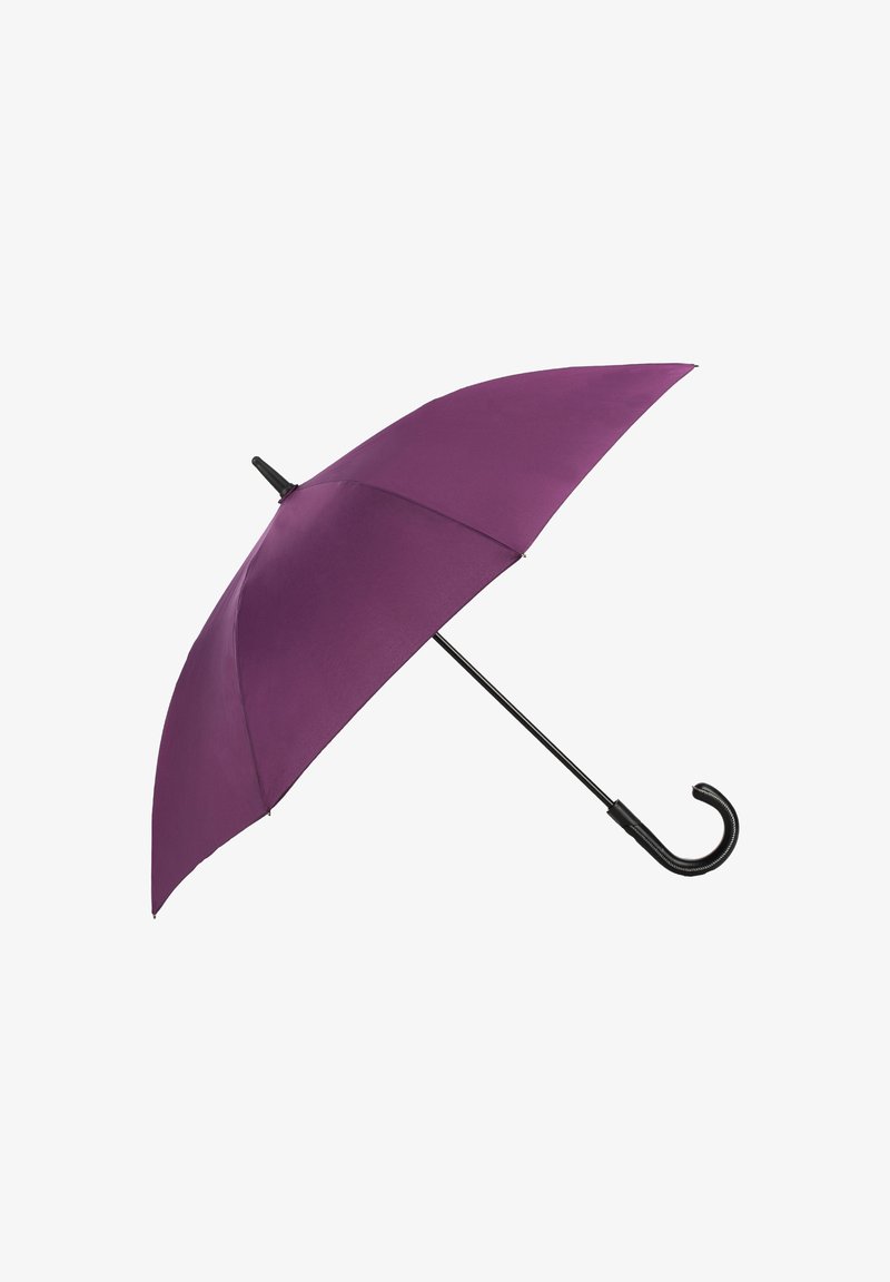 Parapluie ouvert violet avec poignée noire courbée et tige métallique sur fond blanc.