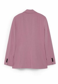 Vue arrière d'un blazer mauve avec des manches longues et des boutons noirs sur chaque manchette, sur fond blanc.