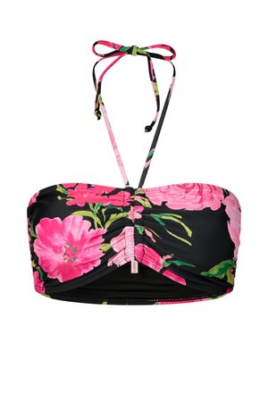 Fekete bandeau bikinifelső rózsaszín virágmintával és nyakba kötős pántokkal.
