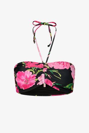 Fekete bandeau bikinifelső rózsaszín virágmintával és nyakba kötős pántokkal.