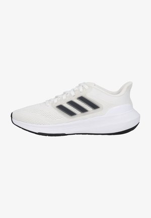 White athletic shoe with breathable mesh upper, three black stripes, lace closure, cushioned sole, and textured rubber outsole.