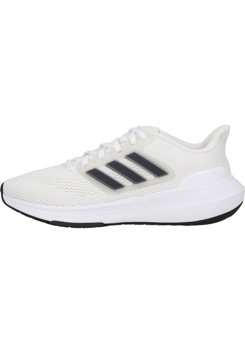Scarpa da ginnastica bianca con tomaia in rete traspirante, tre strisce nere, chiusura con lacci, suola imbottita e suola in gomma testurizzata.