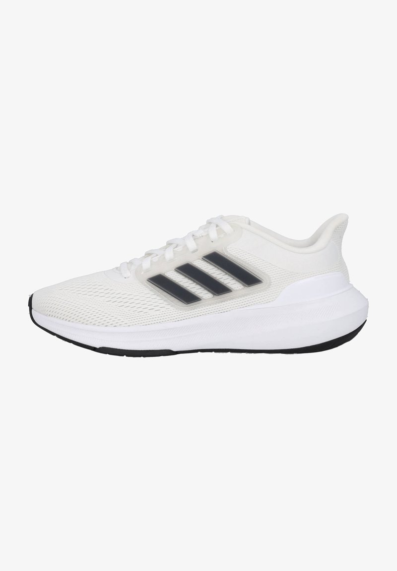 Scarpa da ginnastica bianca con tomaia in rete traspirante, tre strisce nere, chiusura con lacci, suola imbottita e suola in gomma testurizzata.